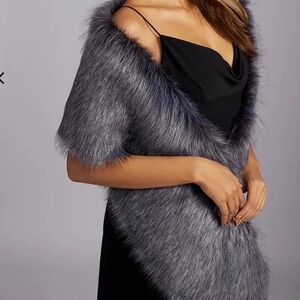 New Azazie Grey Black Rabbit Vintage Style Faux Fur Scarf Stoles Wraps Coat